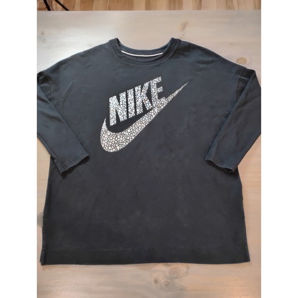 Nike Sweatshirt Women's Size XL Black Shiny Silver Swoosh Logo Drop Shoulder - Picture 1 of 9